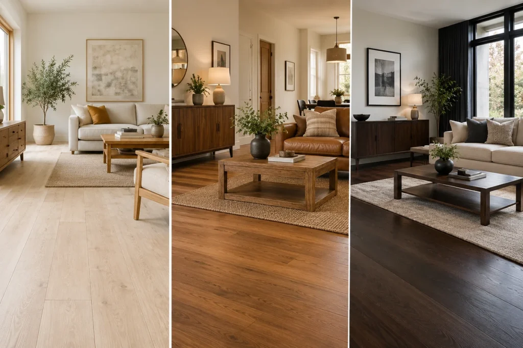 Light, medium and dark wood floors paired with complementary furniture colors in three modern living rooms
