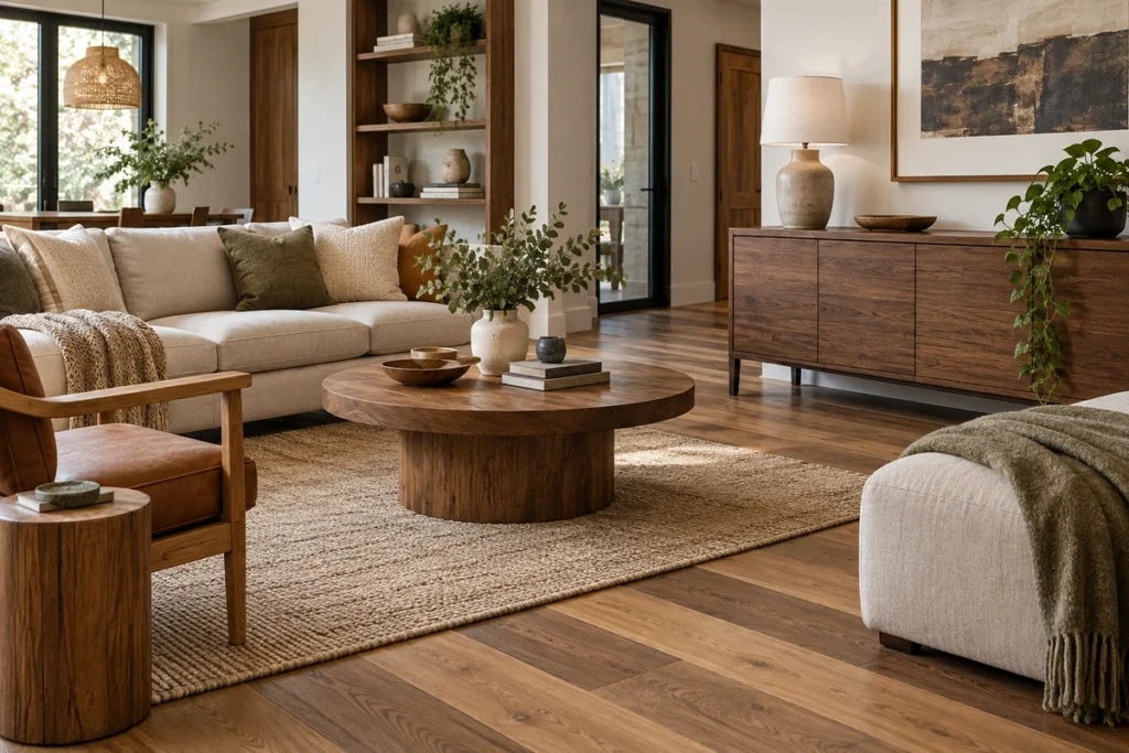 Living room combining different wood tones in flooring, furniture and decor for a balanced interior