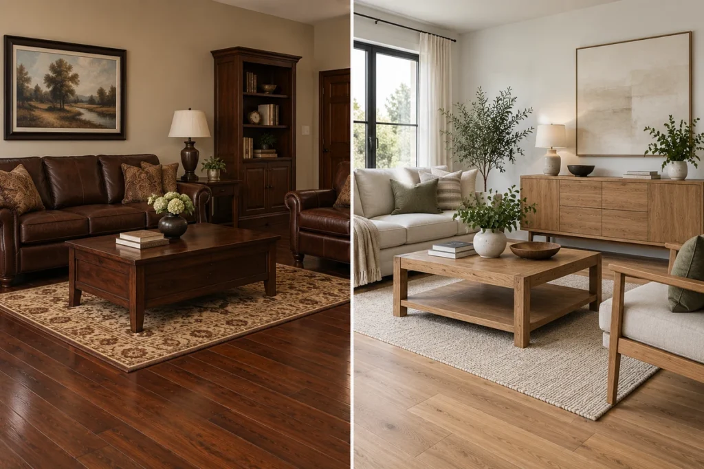 Comparison of an overly matched dark wood interior and a balanced room with contrasting wood furniture and flooring