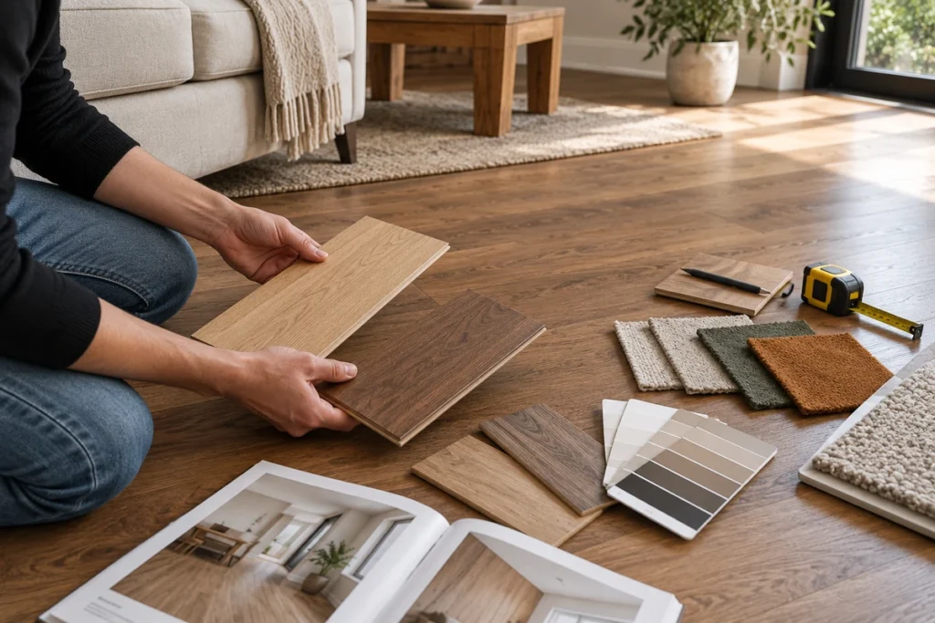 Person comparing wood flooring samples, fabric swatches and finishes before choosing furniture and flooring