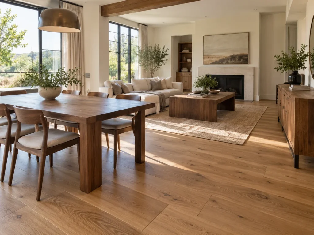Matching wood floors and furniture in a bright modern living and dining room with warm oak flooring