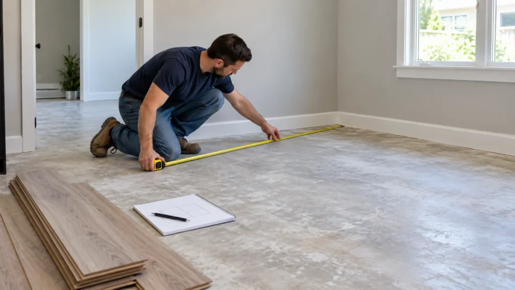 Man measuring room dimensions with a tape measure before installing laminate flooring