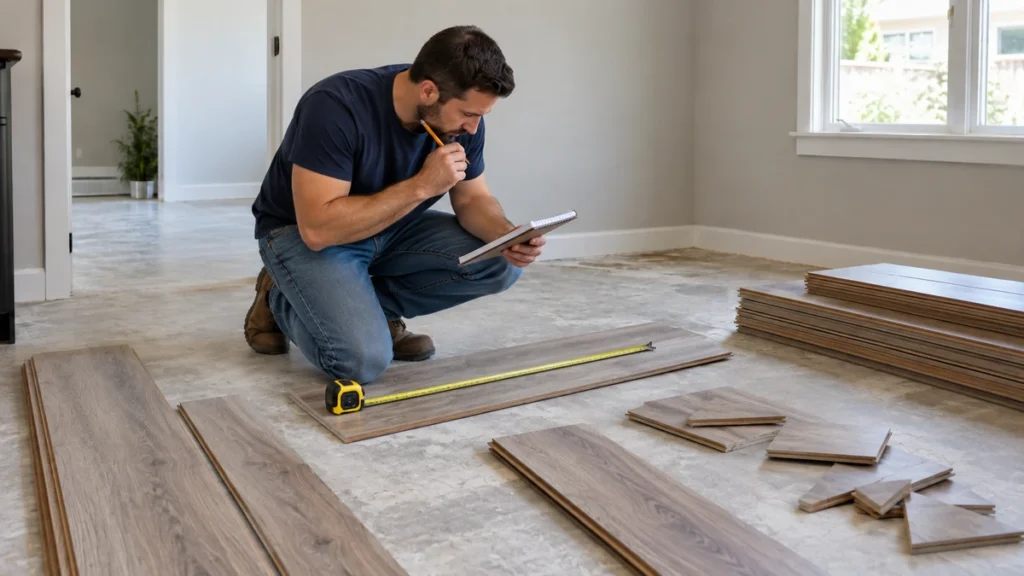 Installer calculating laminate flooring waste and cuts beside loose planks and measuring