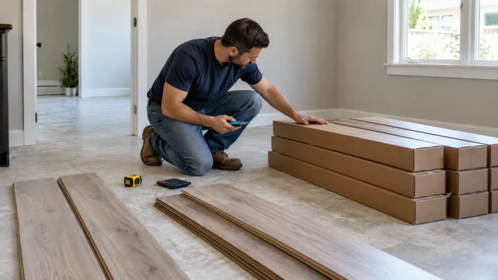 Man calculating how many boxes of laminate flooring are needed for a room
