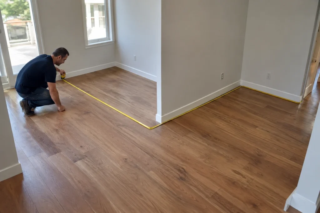 Man measuring an L-shaped room with a tape measure to calculate the total flooring area