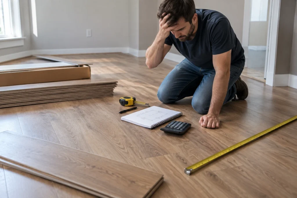 Man reviewing floor measurements, calculator and layout plan to avoid laminate flooring measuring mistakes