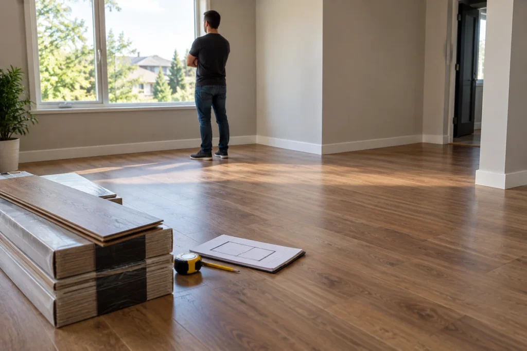 Finished laminate flooring project with flooring boxes, measuring tools and room layout plan nearby