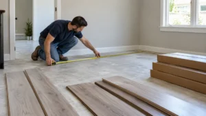 Man measuring a room with a tape measure before installing laminate flooring, with floor planks and boxes placed nearby