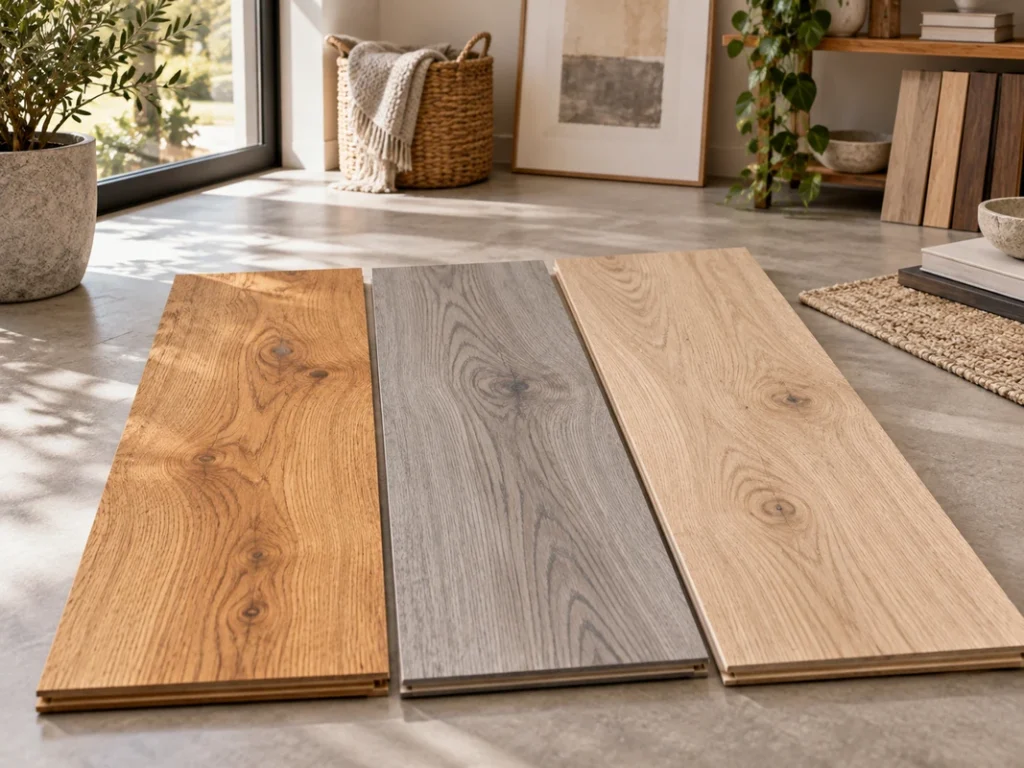 Warm, cool and neutral wood flooring samples compared in a bright interior