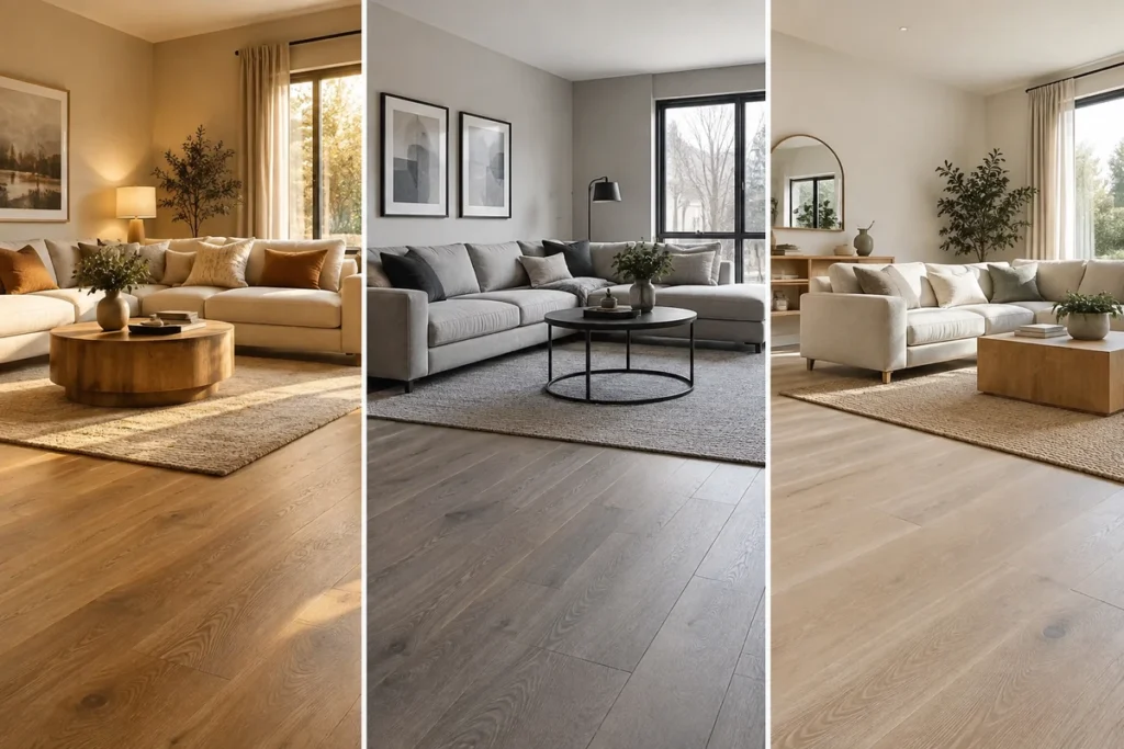 Warm, cool and neutral wood floors shown in different living room styles