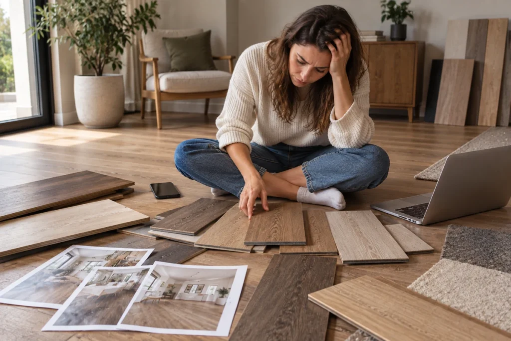 Homeowner comparing different wood floor tones and samples before choosing