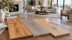 Warm, cool and neutral wood flooring samples in a modern living room