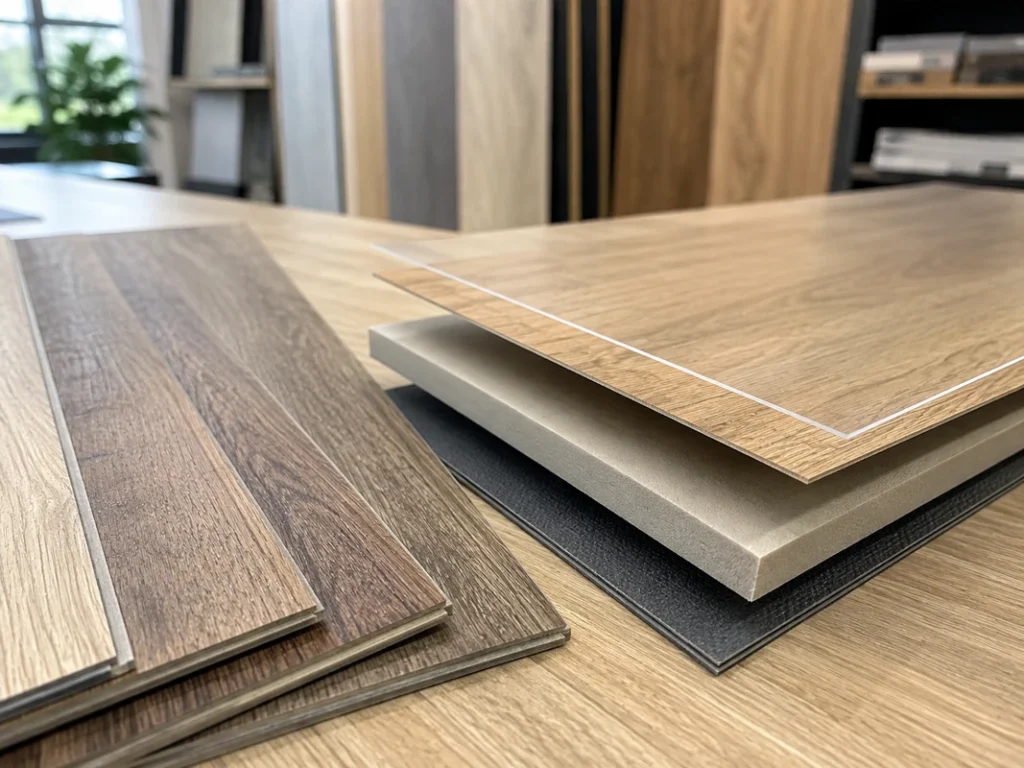 Layered LVT flooring sample showing the core, decorative wood layer and protective surface