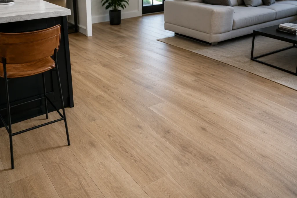 Wood-look LVT flooring installed in a modern open-plan living room and kitchen