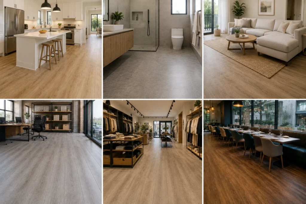 LVT flooring used in kitchens, bathrooms, living rooms, offices, retail stores and restaurants
