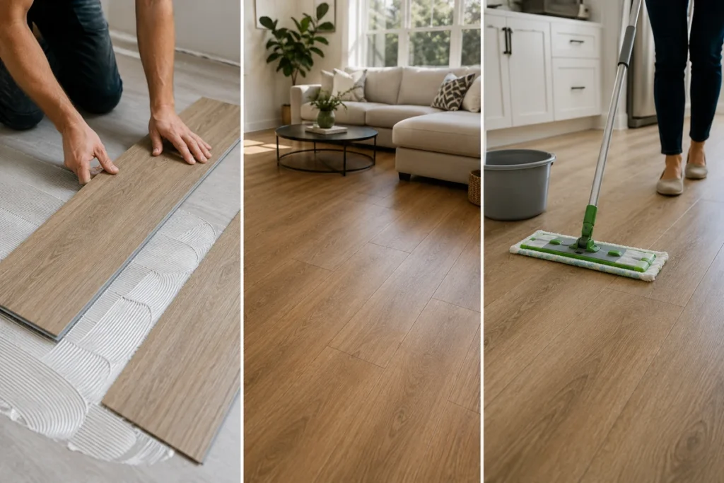 Floor installer fitting wood-look LVT planks over a prepared subfloor