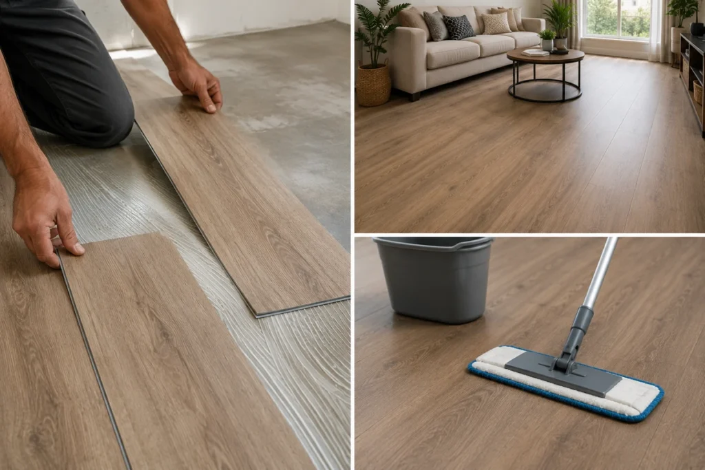Finished wood-look LVT flooring in a modern living room showing a durable everyday floor