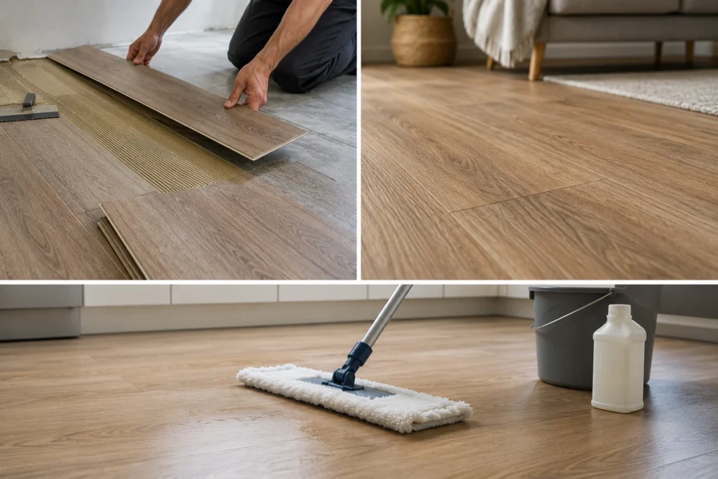 Cleaning wood-look LVT flooring with a microfiber mop and bucket