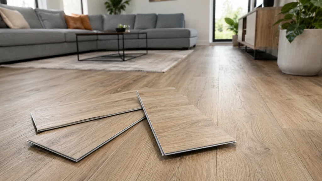 Luxury vinyl tile flooring planks displayed in a modern living room with installed wood-look LVT flooring