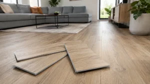 Luxury vinyl tile flooring planks displayed in a modern living room with installed wood-look LVT flooring
