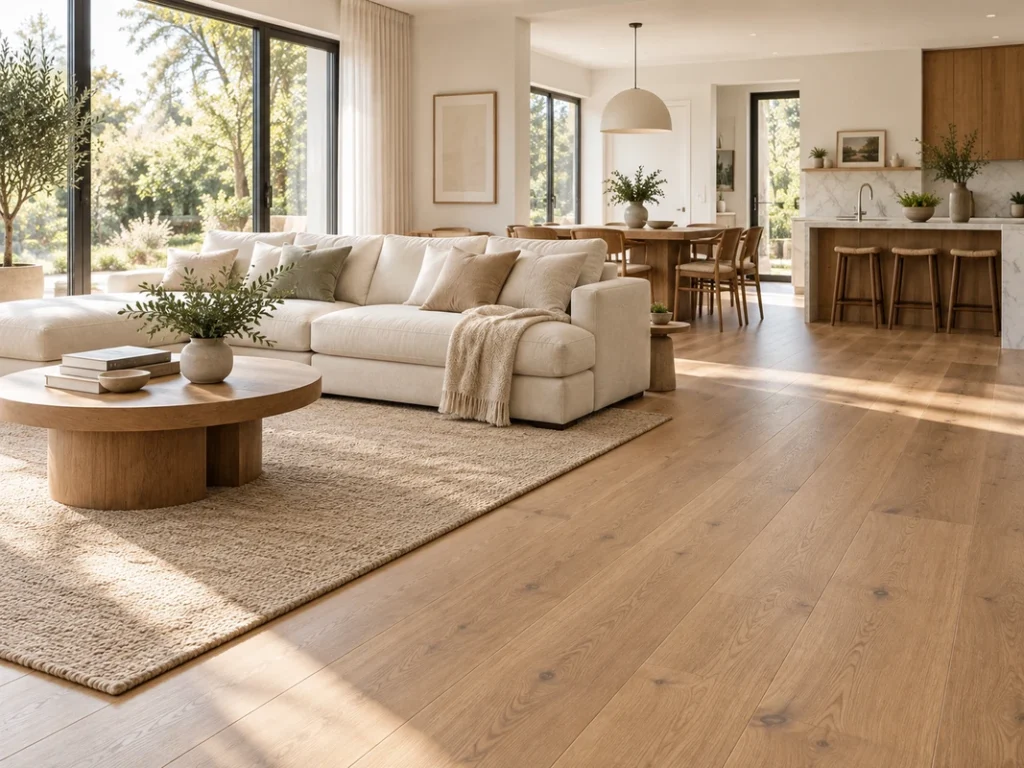 Clean and timeless wide plank wood flooring in a modern open-plan living room