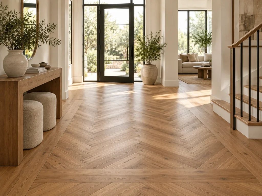 Decorative geometric herringbone wood flooring in a bright modern entryway
