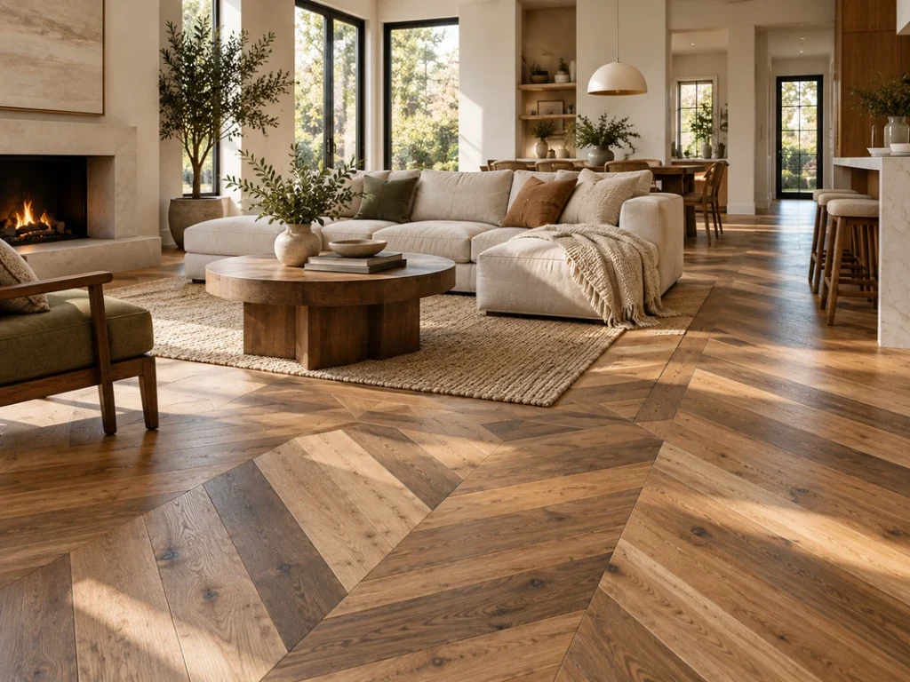 Creative statement wood flooring with mixed tones and geometric plank patterns