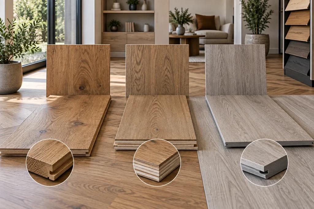 Solid wood, engineered wood and wood-look flooring materials compared in a showroom