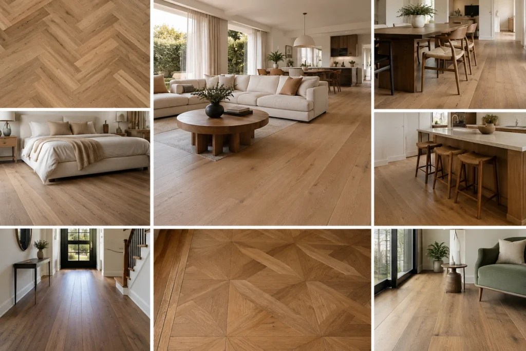 Wood flooring design ideas featuring wide plank, herringbone and geometric parquet floors in modern interiors