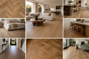 Wood flooring design ideas featuring wide plank, herringbone and geometric parquet floors in modern interiors
