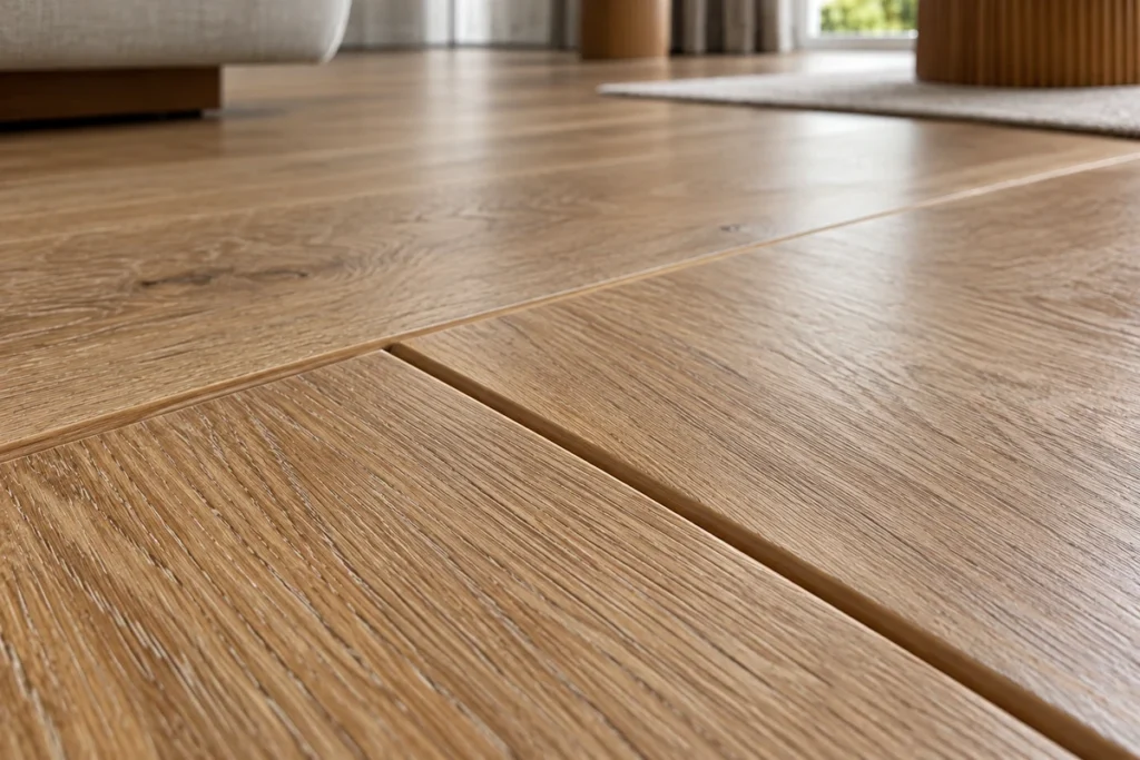 Close-up of bevelled edge flooring showing V-shaped grooves between natural oak wood planks in a modern living room