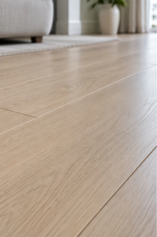 Light oak square edge laminate flooring with smooth plank joints and a seamless appearance in a bright modern interior