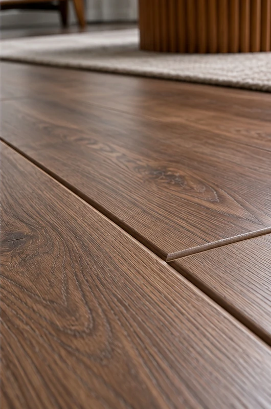 Dark brown full bevelled edge flooring with pronounced V-shaped grooves and clearly defined wood planks