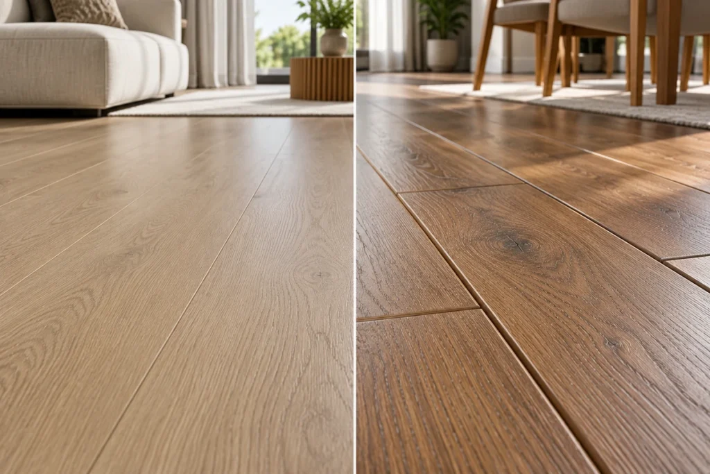 Side-by-side comparison of square edge flooring with smooth joints and bevelled edge flooring with visible plank grooves