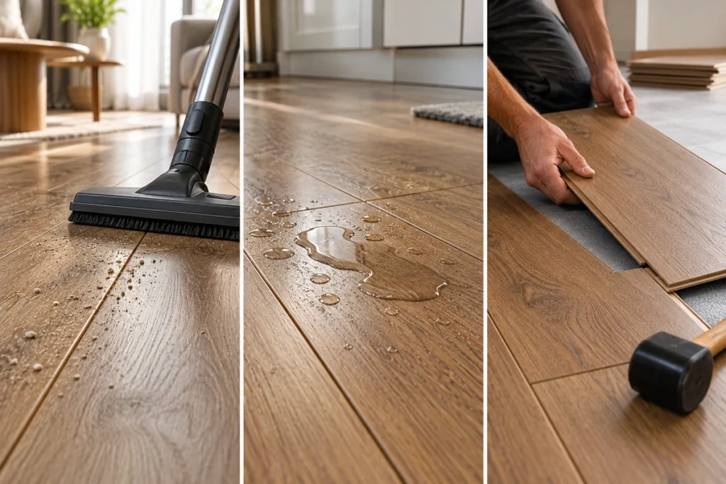 Bevelled laminate flooring maintenance showing vacuum cleaning, water droplets on plank joints, and click-lock floor installation