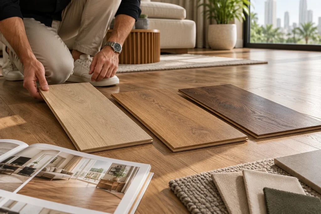 Homeowner comparing light oak, natural oak and dark wood flooring samples to choose the best flooring edge type for a modern home