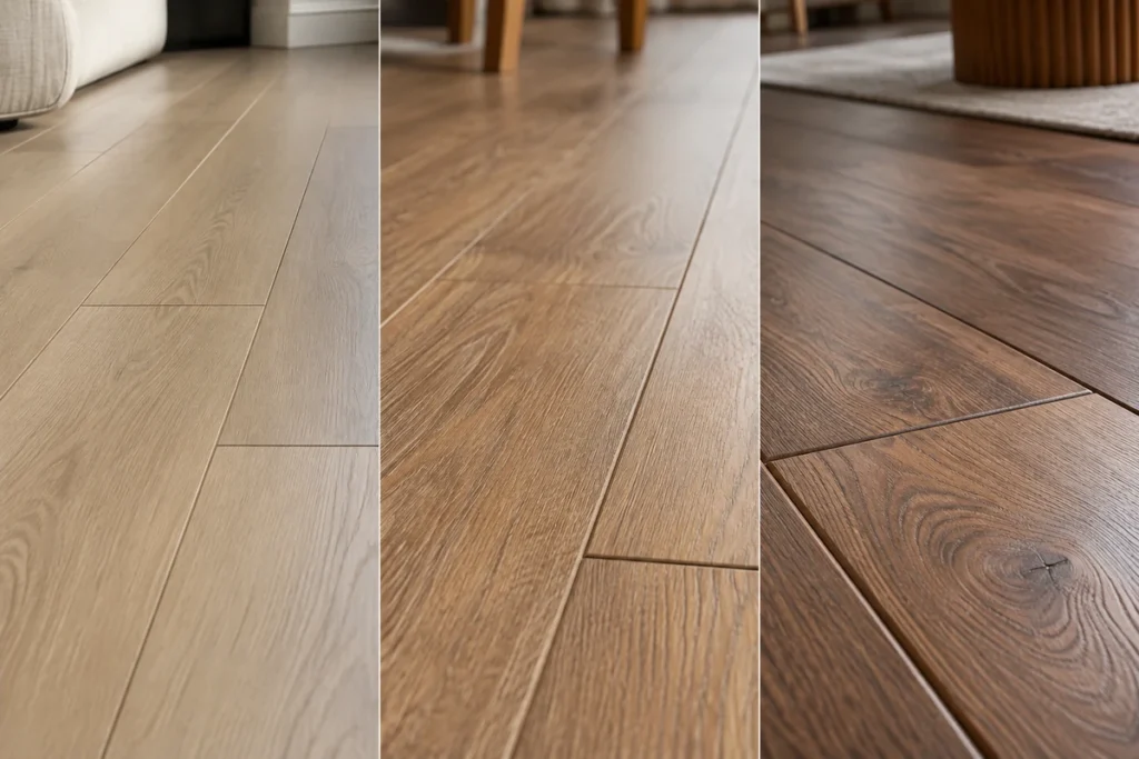 Comparison of beveled edge flooring styles featuring light oak square-edge, natural oak micro-bevel, and dark wood full-bevel planks