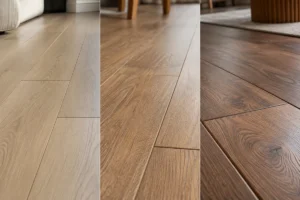 Comparison of beveled edge flooring styles featuring light oak square-edge, natural oak micro-bevel, and dark wood full-bevel planks