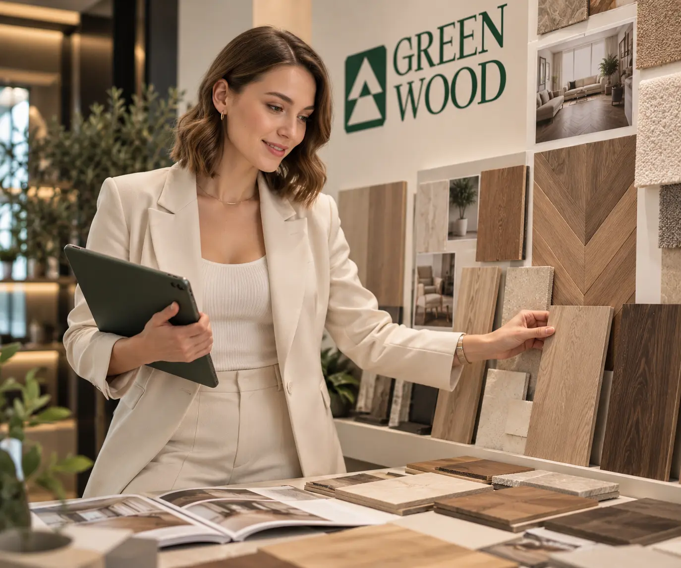 Elena choosing flooring samples in the Green Wood showroom