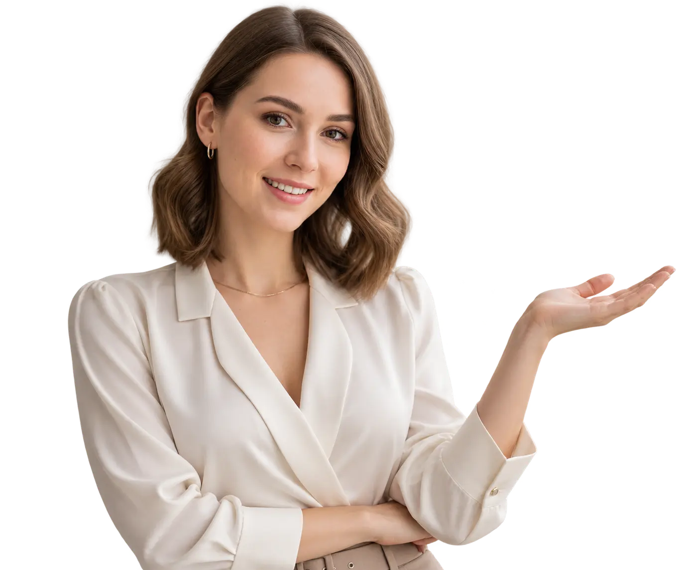 Elena, Green Wood's AI flooring consultant, smiling and presenting with an open hand
