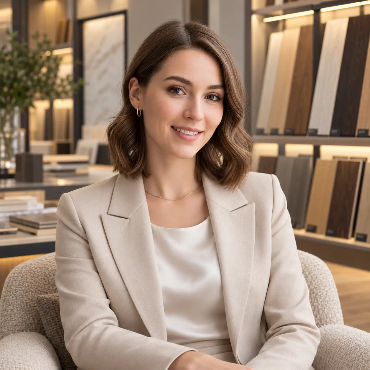 Elena, Green Wood's AI flooring consultant, smiling in an armchair in the showroom