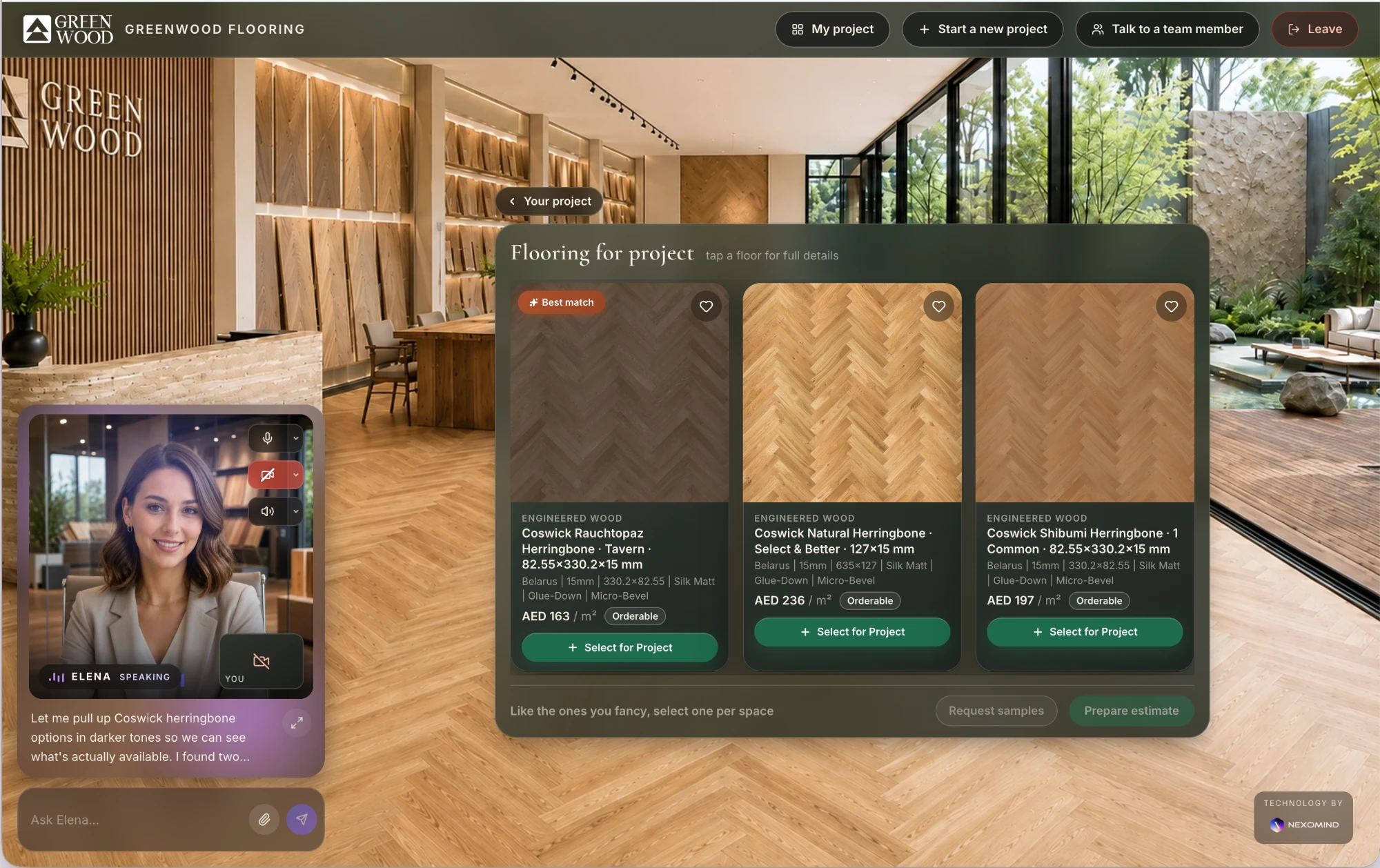Elena in a live video consultation inside the Green Wood AI Flooring Studio, showing engineered wood herringbone options
