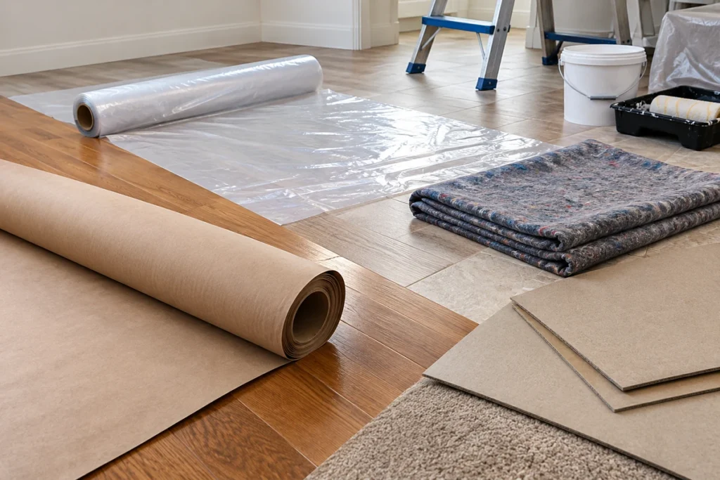 Different floor protection materials, including plastic sheeting, protective paper, canvas drop cloths, and boards, arranged on various flooring surfaces