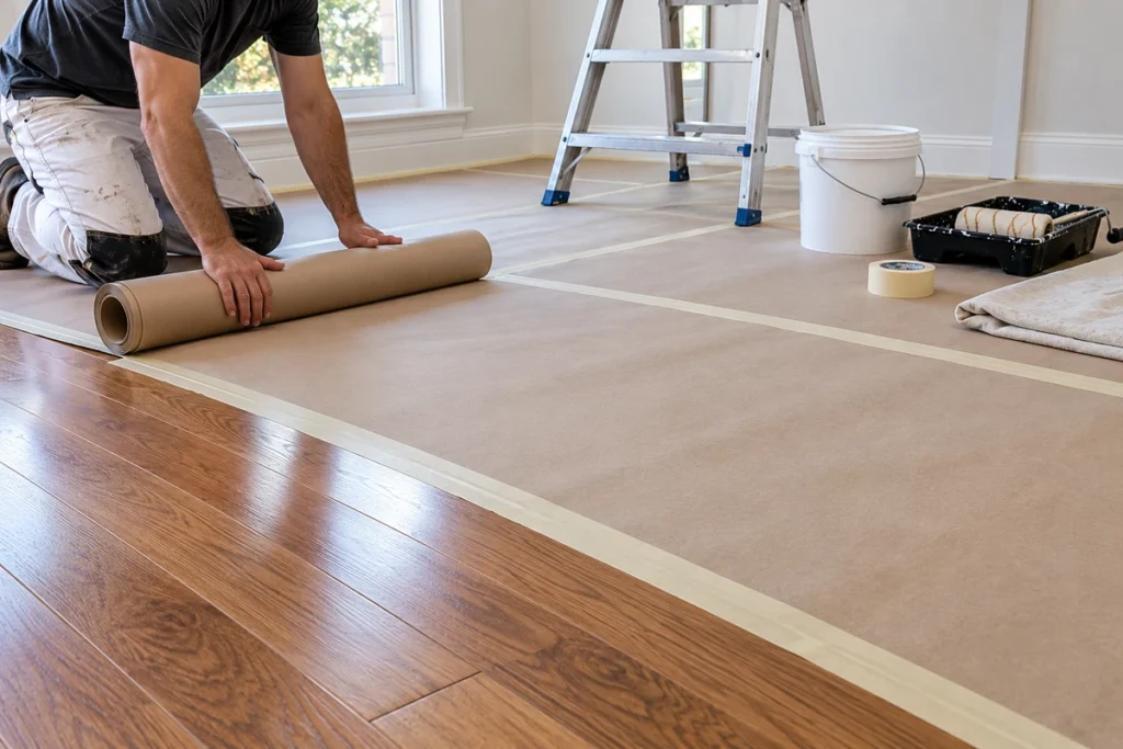 A painter unrolling protective paper over hardwood flooring to prevent paint spills and scratches during interior wall painting