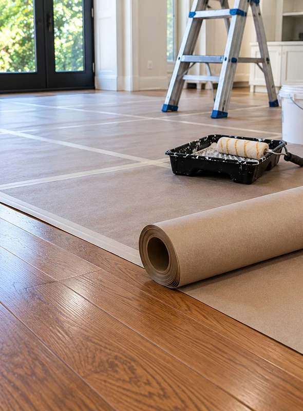 Brown protective paper covering a hardwood floor during painting, with secured seams and painting equipment in a bright room