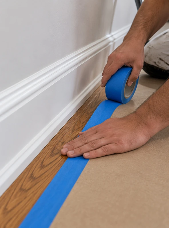 Close-up of a painter applying blue painter’s tape along the edge of protective paper near a white baseboard and hardwood flooring