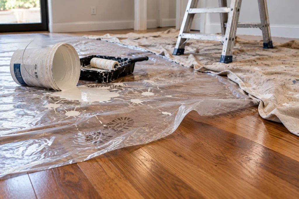 Spilled white paint, wrinkled plastic sheeting, and unsecured drop cloths showing common floor protection mistakes during painting