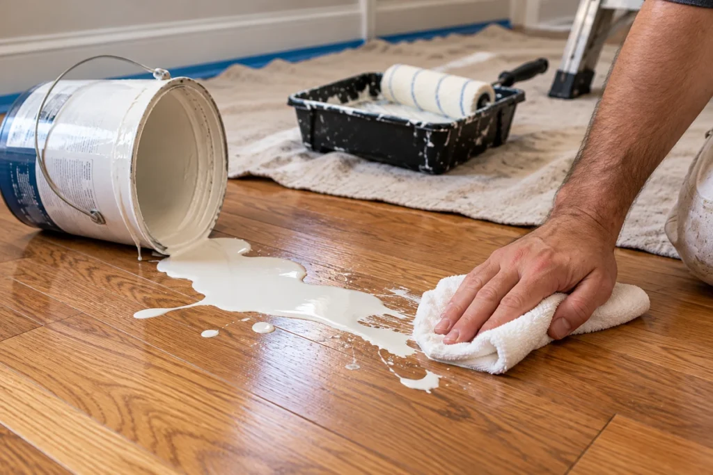 A person cleaning spilled white paint from hardwood flooring with a microfiber cloth beside an overturned paint bucket