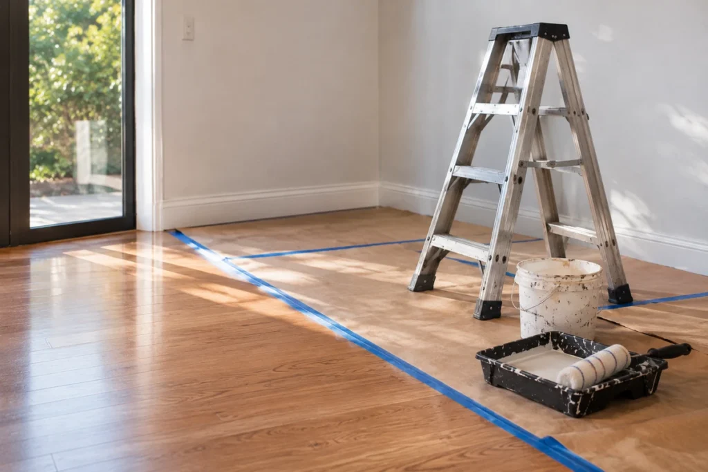 A freshly painted room with hardwood flooring partially covered by protective paper, painter’s tape, and renovation equipment