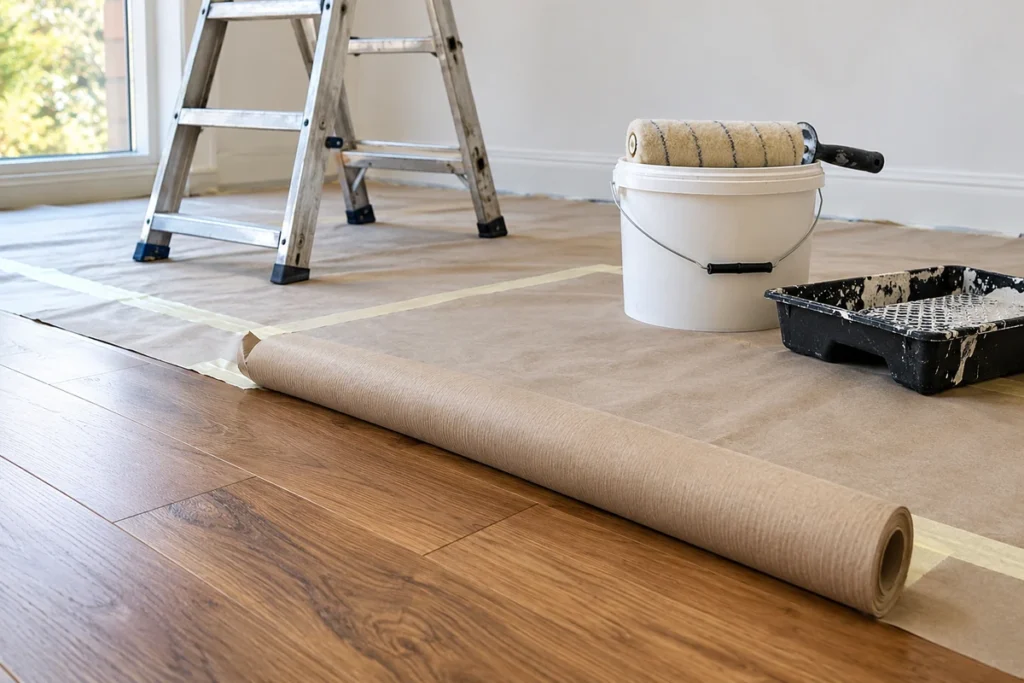Wooden flooring partially covered with protective paper and painter’s tape, with a ladder and painting supplies ready for wall painting